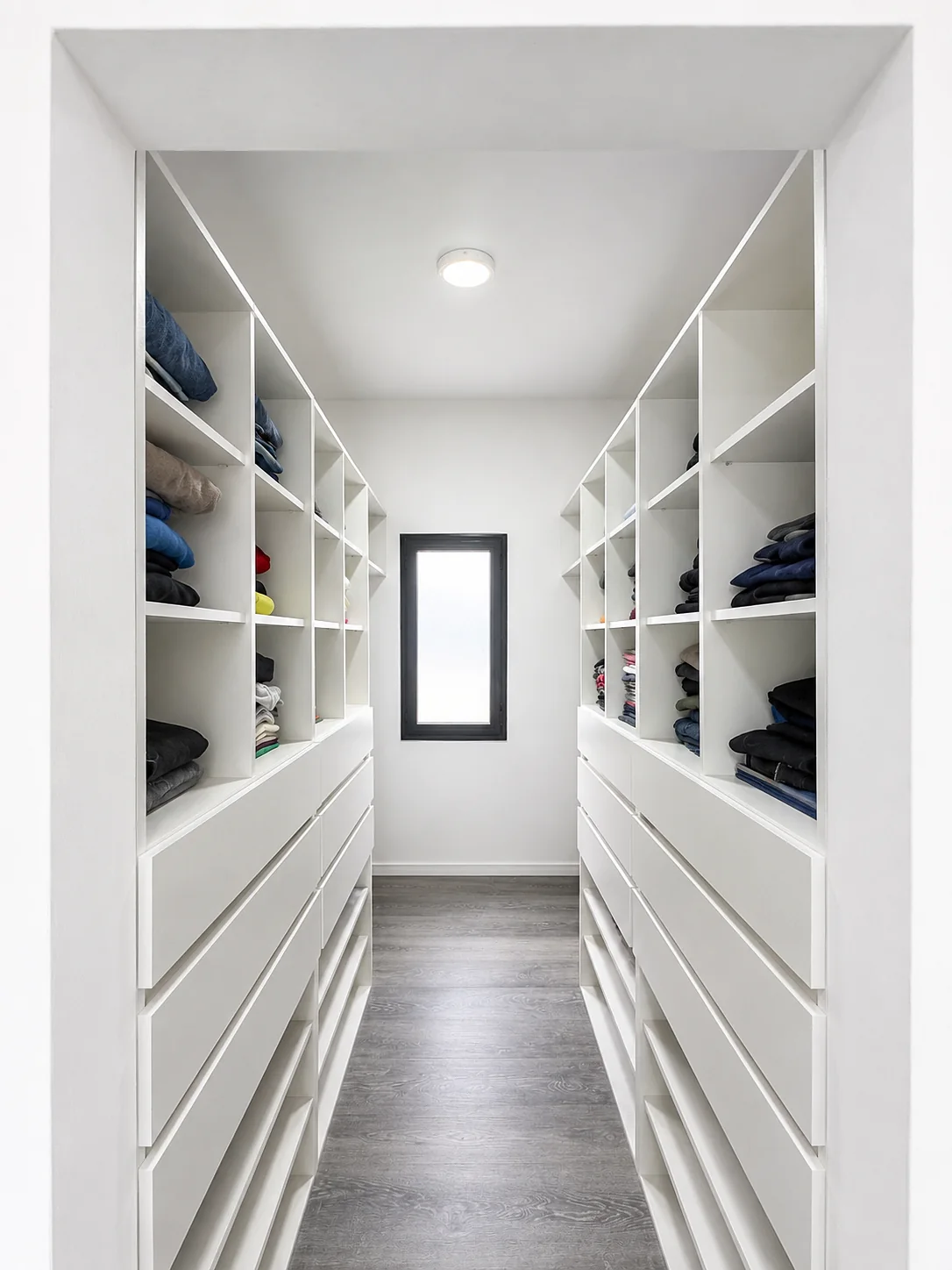 Tejas Cuatro — Vestidor con estantes y cajoneras blancos a los dos lados