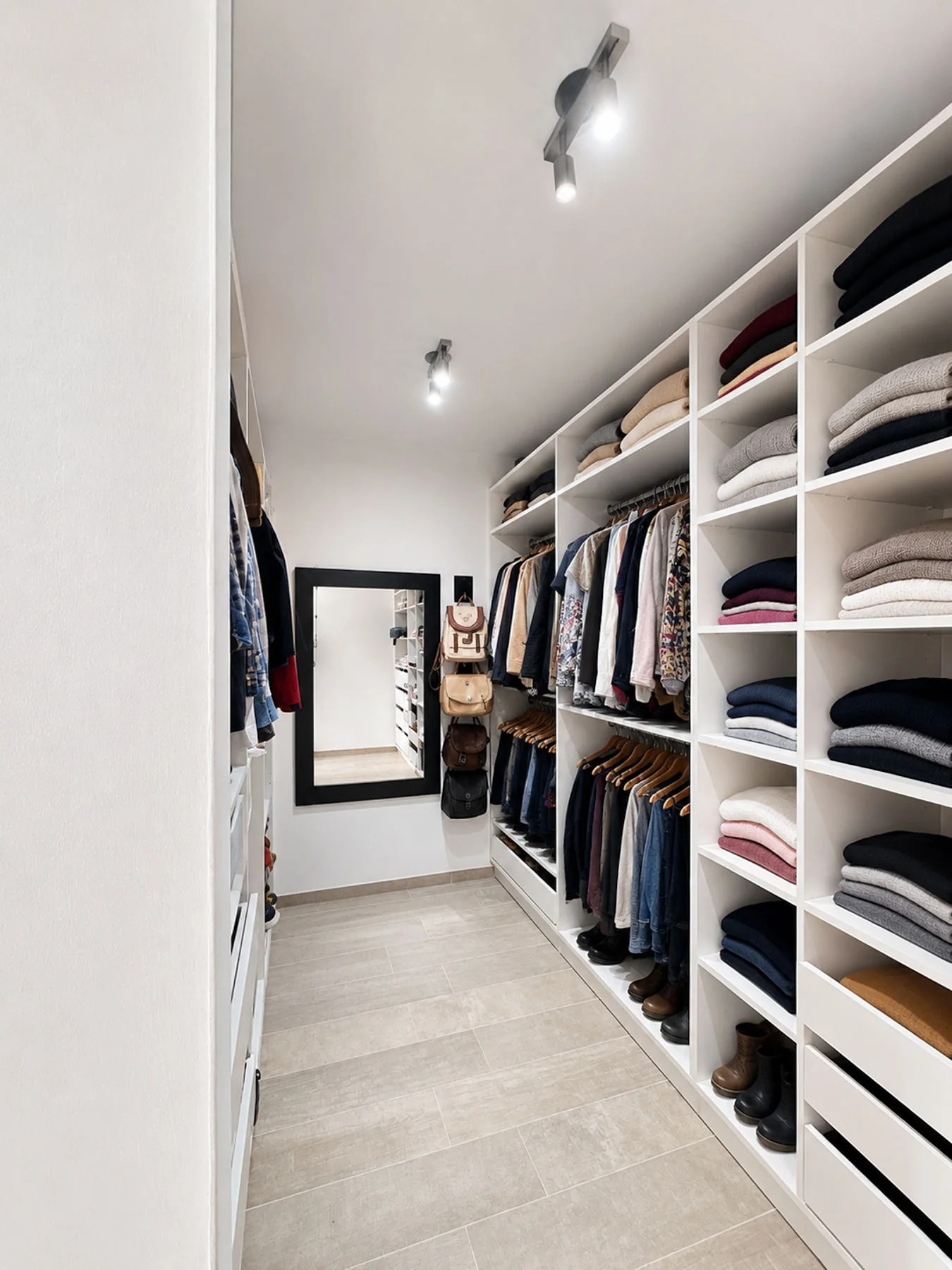 Villa Giardino — Vestidor con estantes, cajones y espejo al fondo
